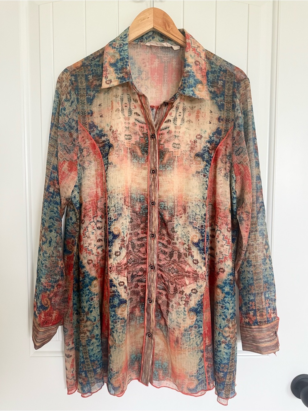 Soft Surroundings Golden Tapestry Safra Top Sheer Tunic Blouse Boho Mixed Media - Picture 2 of 8